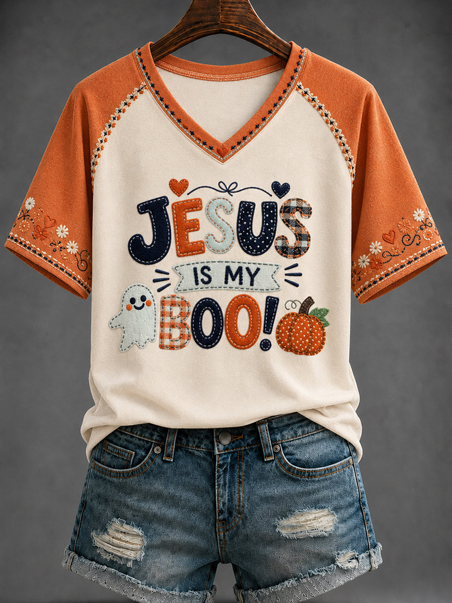 Women's “JESUS IS MY BOO!” Printed V-neck T-shirt