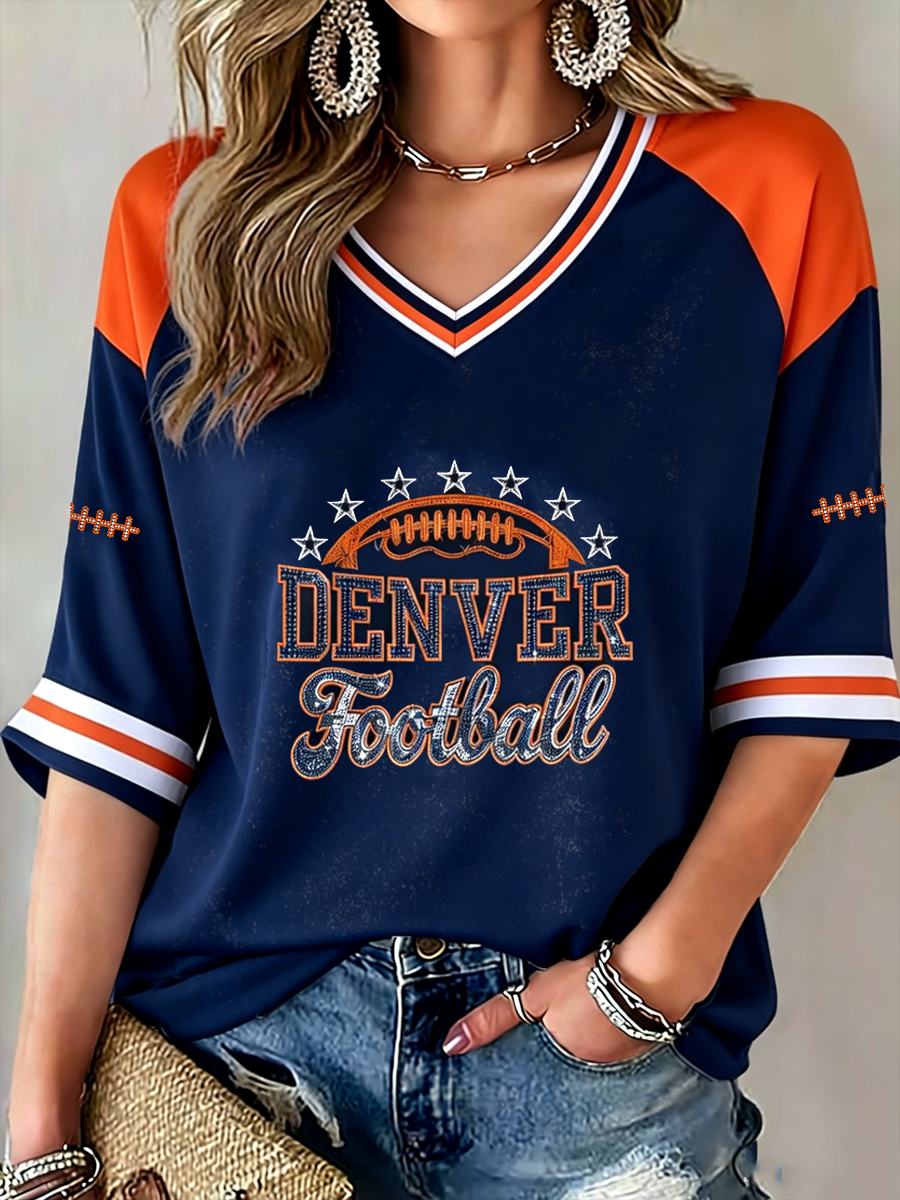 Women's Football Fans Gameday Mid-length Sleeves V-Neck T-Shirt