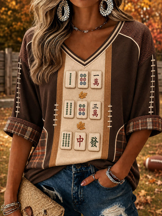 Women's Autumn Rugby Mahjong V-neck T-shirts