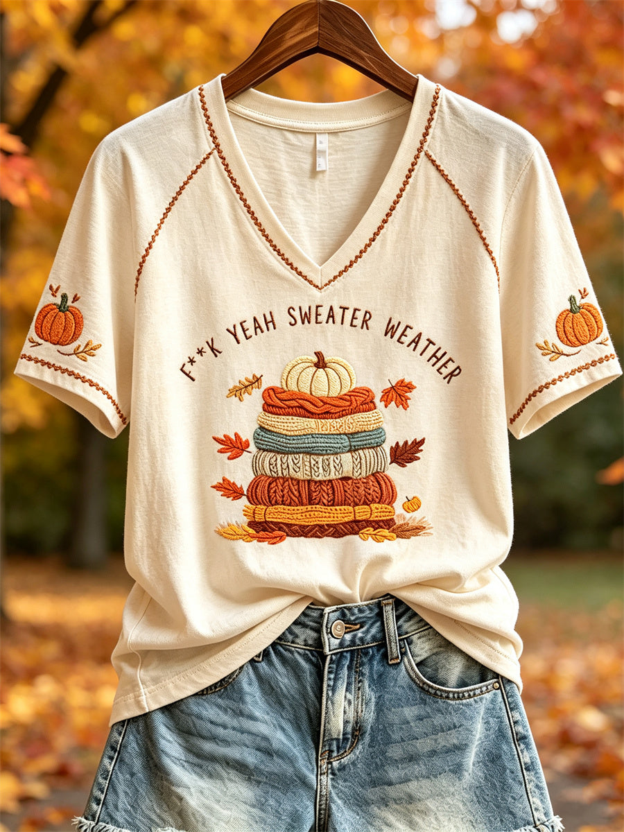 Women's Fall Sweater Weather Pumpkin & Sweater Print short-sleeved T-shirt