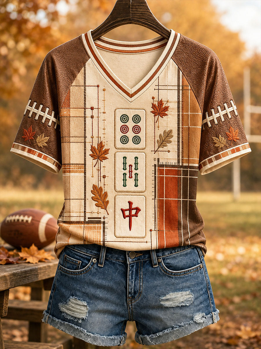 Women's Autumn Rugby Mahjong V-neck T-shirts