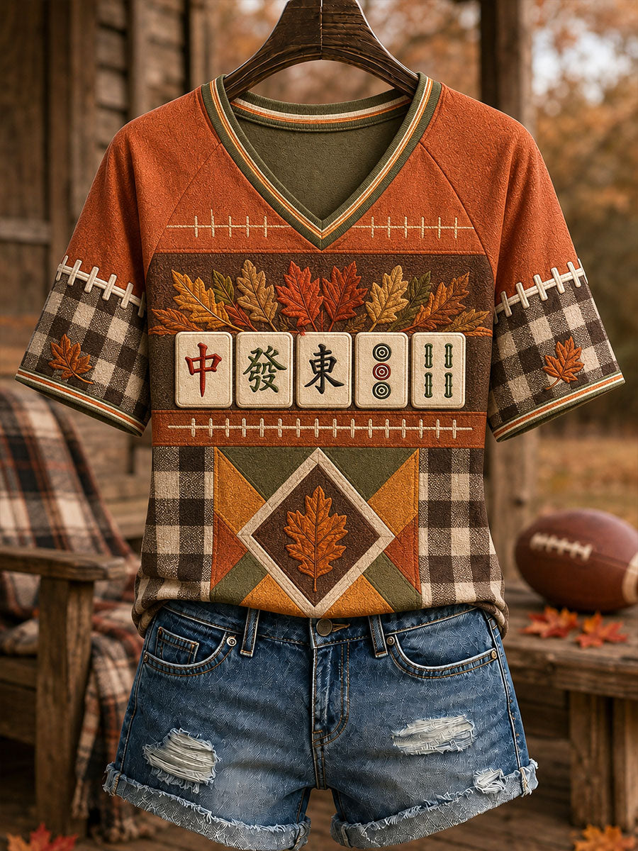 Women's Autumn Rugby Mahjong V-neck T-shirts