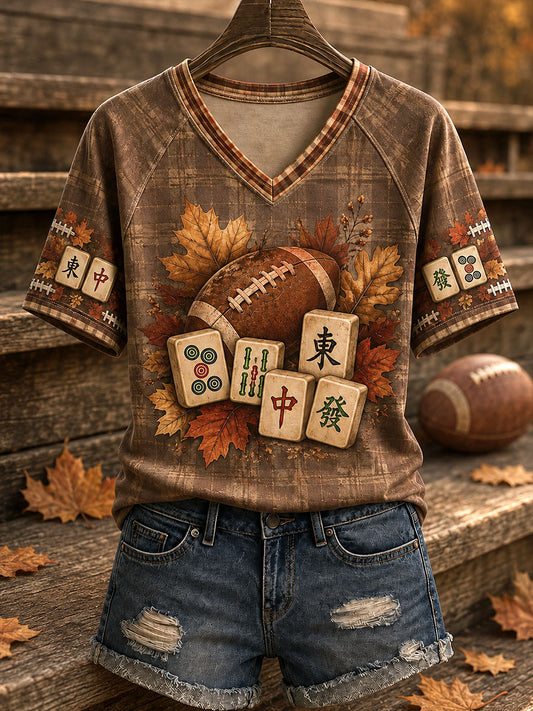 Women's Autumn Rugby Mahjong V-neck T-shirts