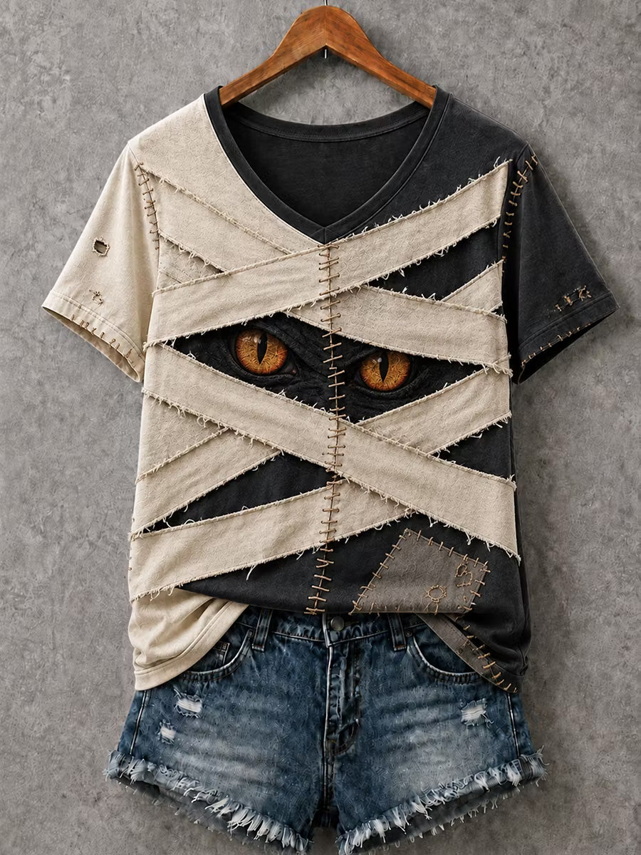 Women's Halloween Patchwork Print Casual V-Neck Tee