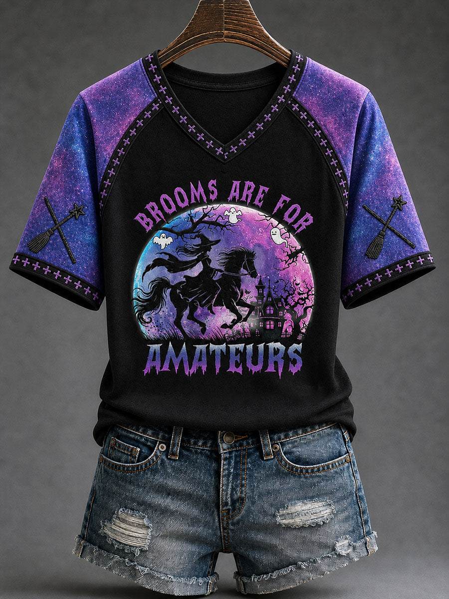 Women's "brooms are for amateurs" Halloween Witch Fun Casual T-shirt