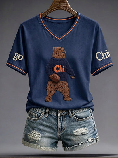 Women's Chicago Football Lover Bear Art Printed T-shirt