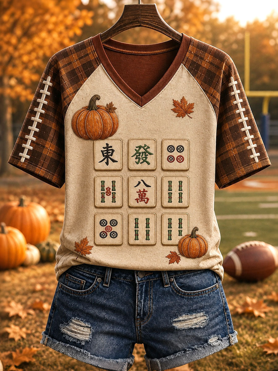 Women's Autumn Rugby Mahjong V-neck T-shirts