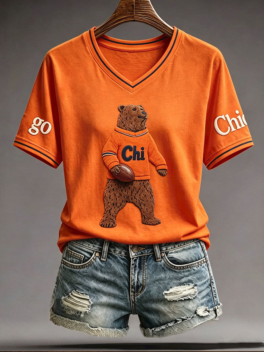 Women's Chicago Football Lover Bear Art Printed T-shirt