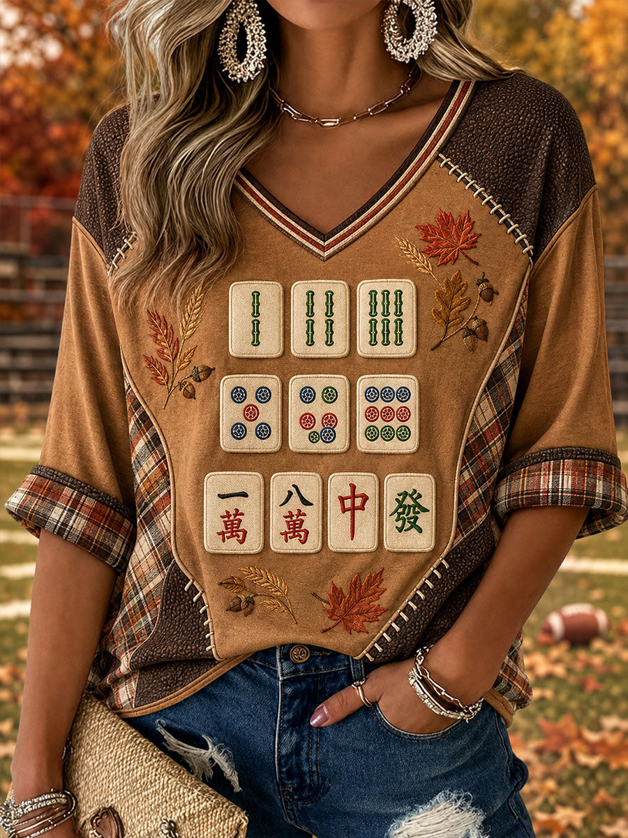 Women's Autumn Rugby Mahjong V-neck T-shirts