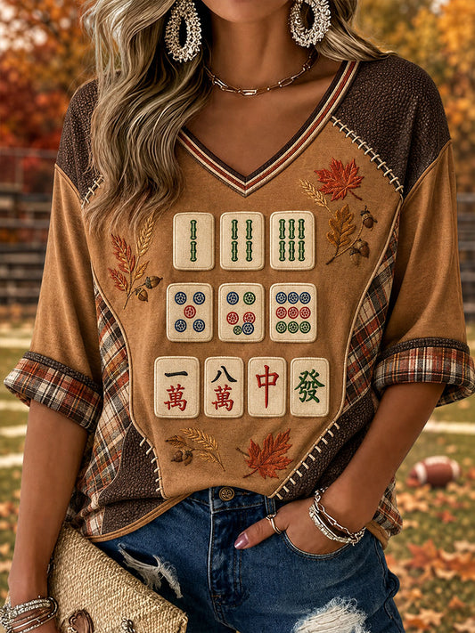 Women's Autumn Rugby Mahjong V-neck T-shirts