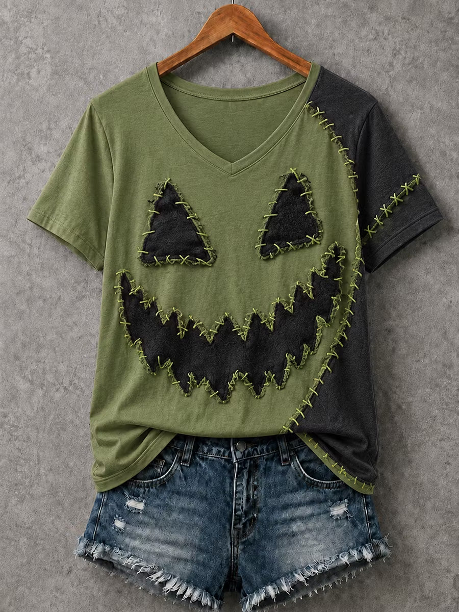 Women's Halloween Patchwork Print Casual V-Neck Tee
