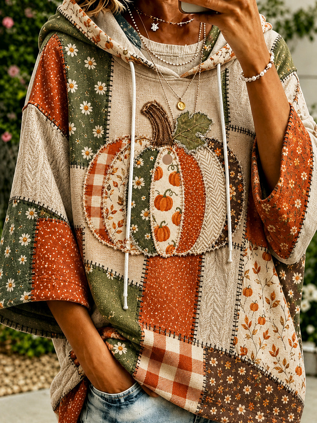 Women's Autumn Pumpkin Pattern Color-Blocked Design Casual Hoodie