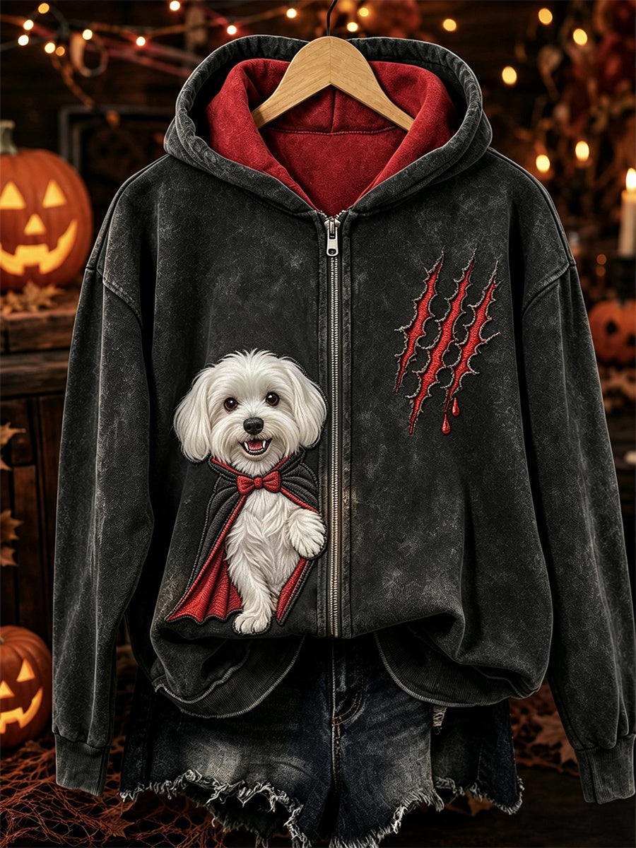Women's Halloween Peeking Maltese Dog Vampire Print Full Zip Hoodie