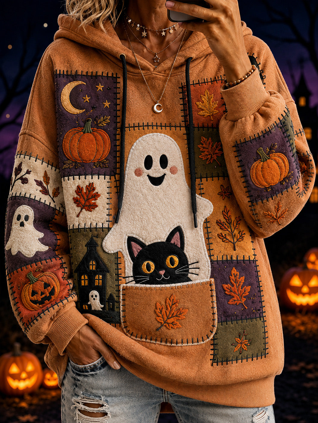 Women's Halloween-themed print and color-blocked design casual hoodie