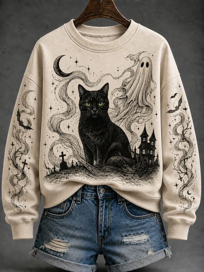 Women's Halloween Cat Regular Sweatshirt