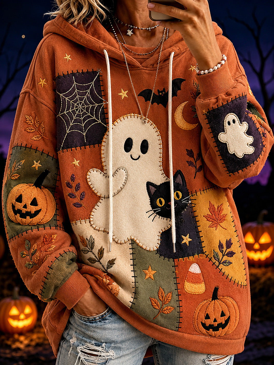 Women's Halloween-themed print and color-blocked design casual hoodie