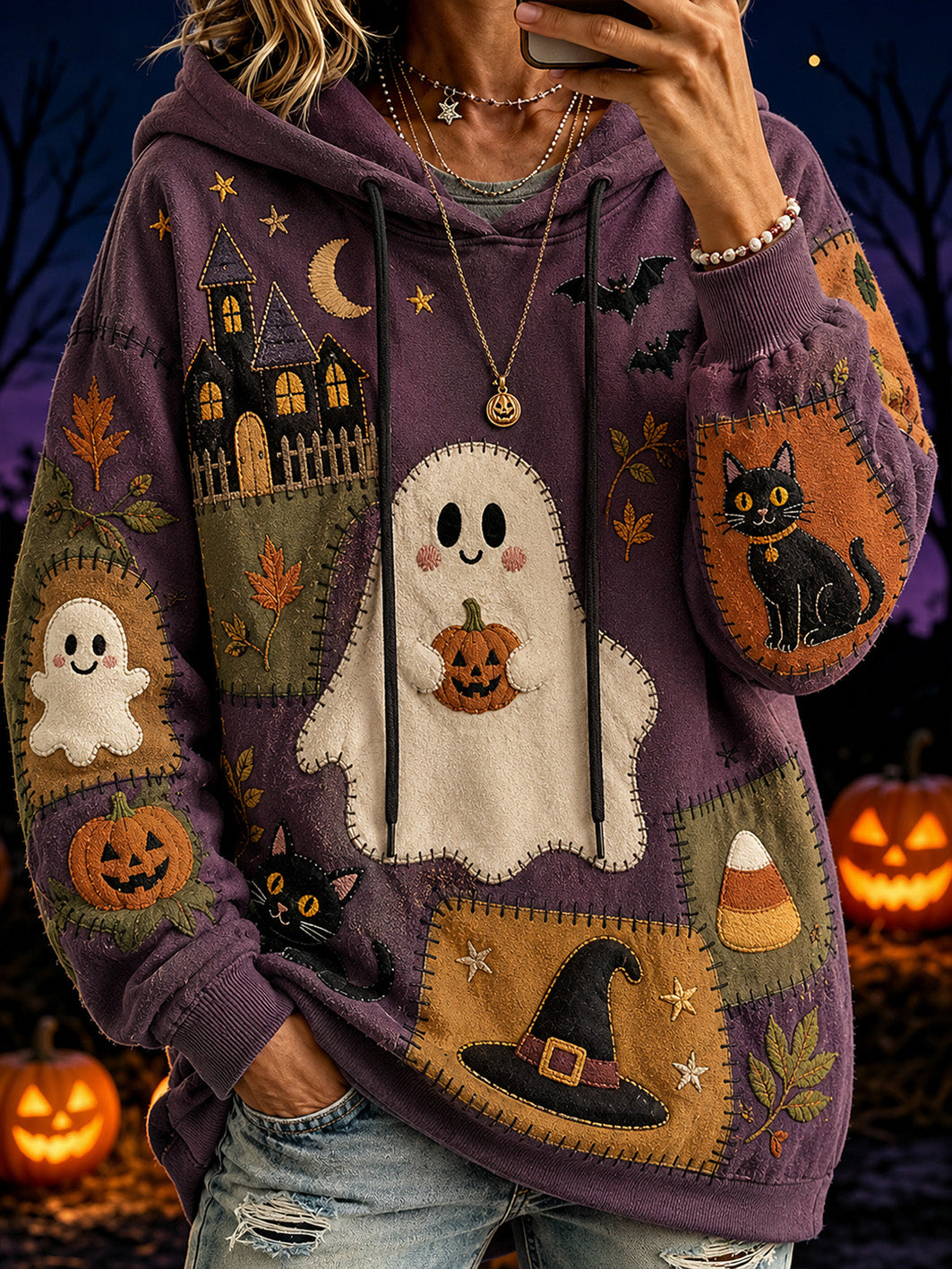 Women's Halloween-themed print and color-blocked design casual hoodie