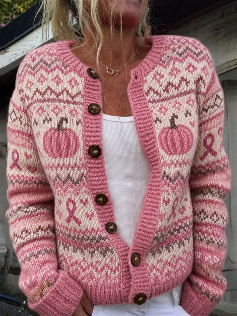 Women's Vintage Pink Pumpkins & Pink Ribbon Isle Pattern Print Cardigan