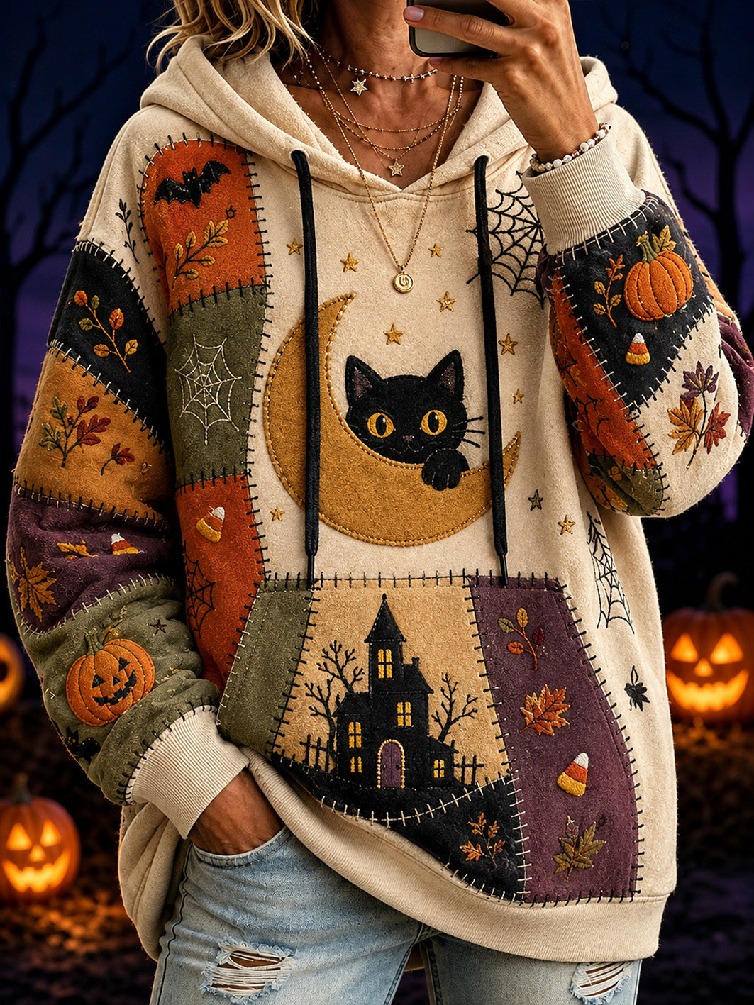 Women's Halloween-themed print and color-blocked design casual hoodie