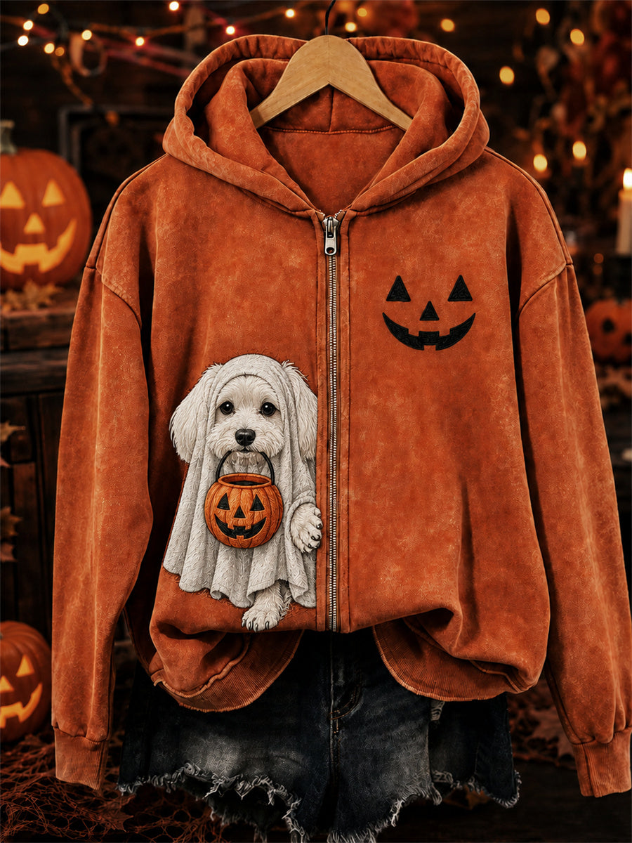 Women's Halloween Peeking Maltese Dog Ghost Print Full Zip Hoodie