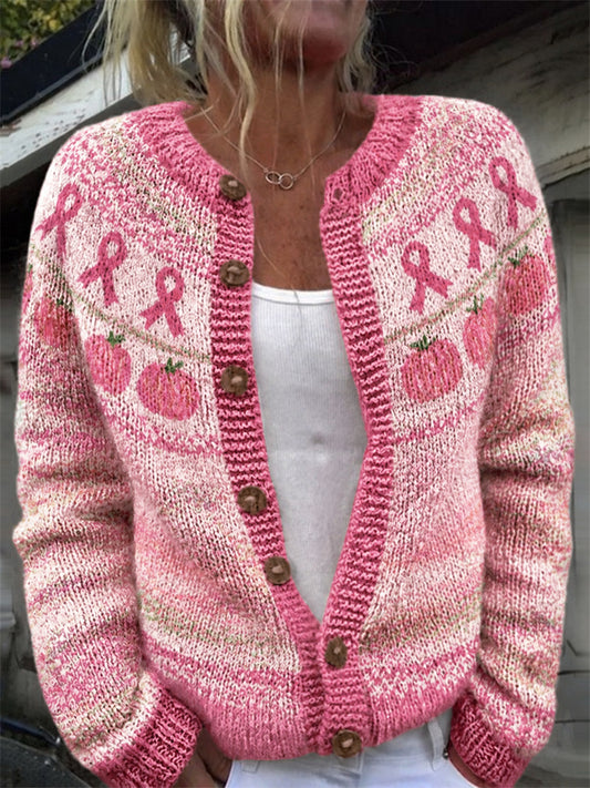 Women's Vintage Pink Pumpkins & Pink Ribbon Yoke Pattern Print Cardigan