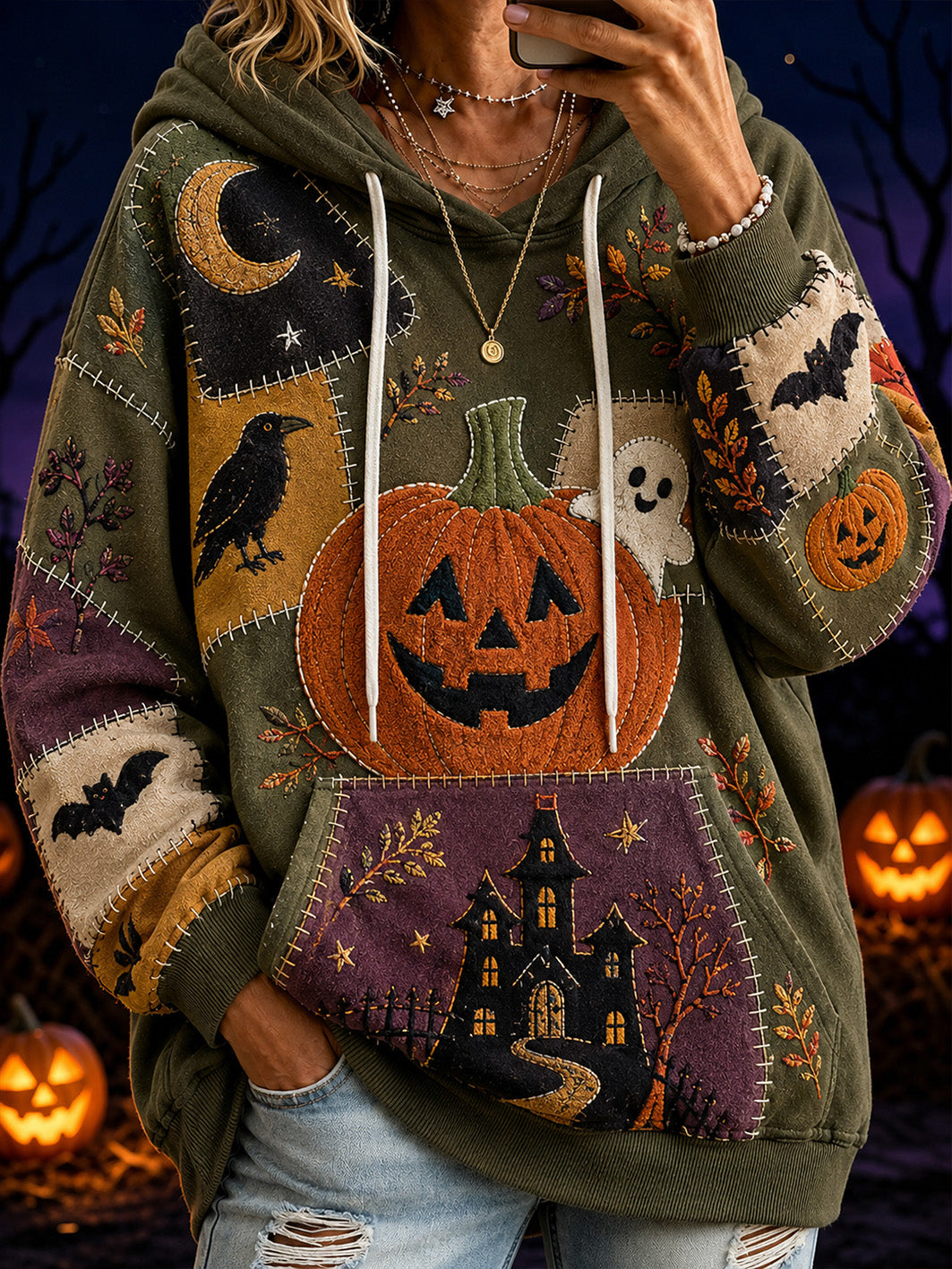Women's Halloween-themed print and color-blocked design casual hoodie
