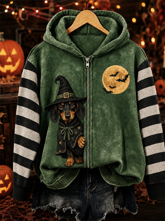 Women's Halloween Peeking Dachshund Dog Witch Print Full Zip Hoodie
