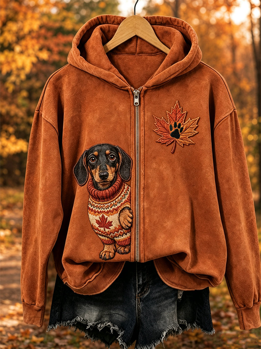 Women's Fall Cozy Peeking Dachshund Dog & Leaf Print Full Zip Hoodie