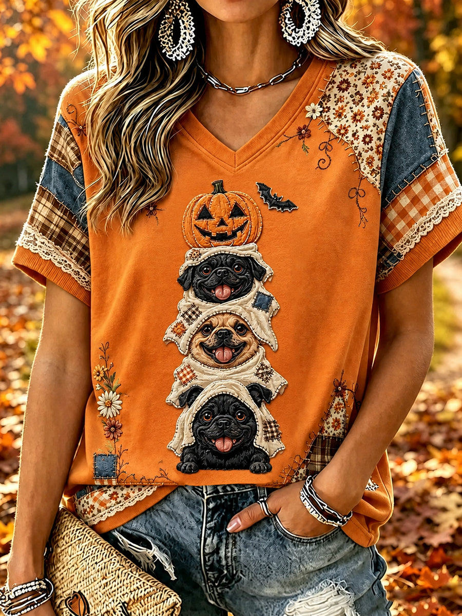 Women's Halloween Animal Dog Printed Vintage Fashion Loose Short Sleeve T-Shirt