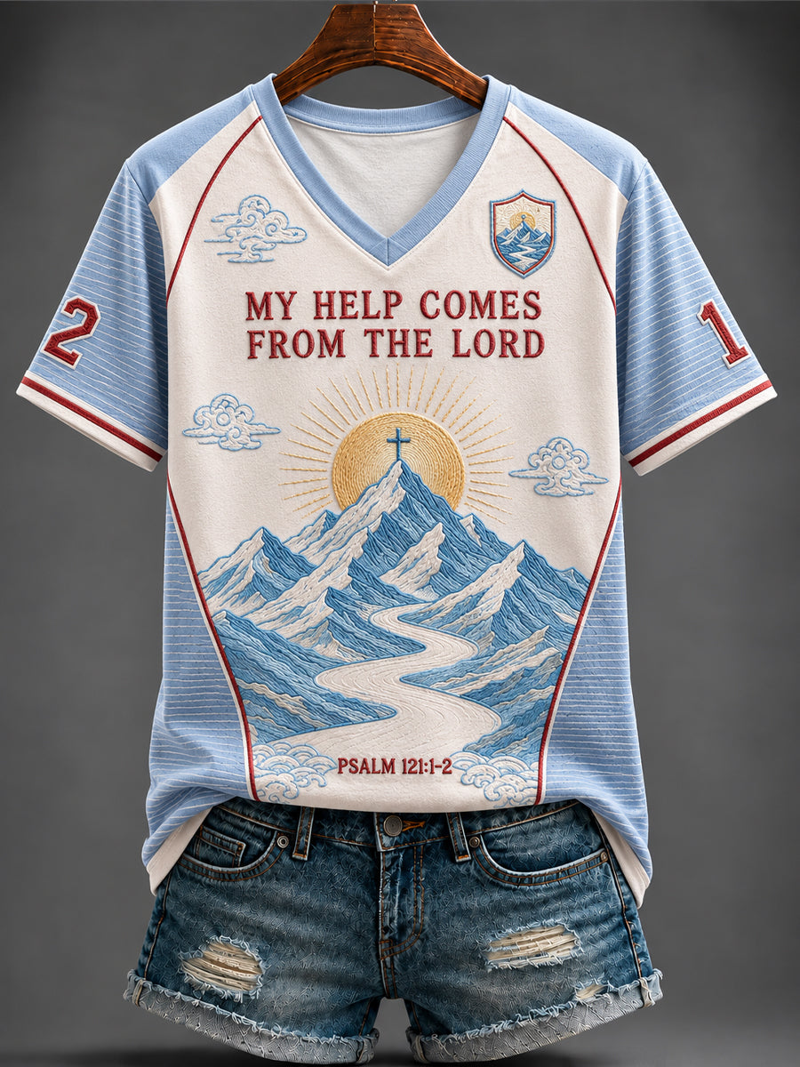 Women's "MY HELP COMES FROM THE LORD" Printed V-neck T-shirt