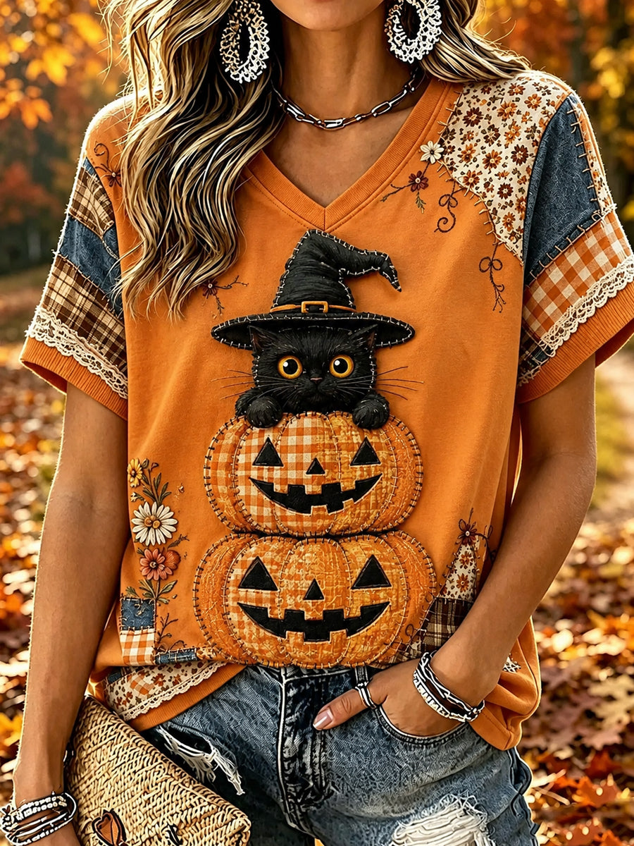 Women's Halloween Animal Cat Printed Vintage Fashion Loose Short Sleeve T-Shirt