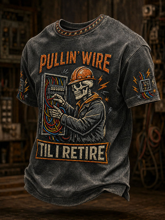 Men's "pullin wire til I retire" electrician T-shirts
