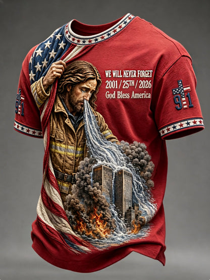 Men's WE WILL NEVER FORGET 2001/25TH/2026 God Bless America t-shirt