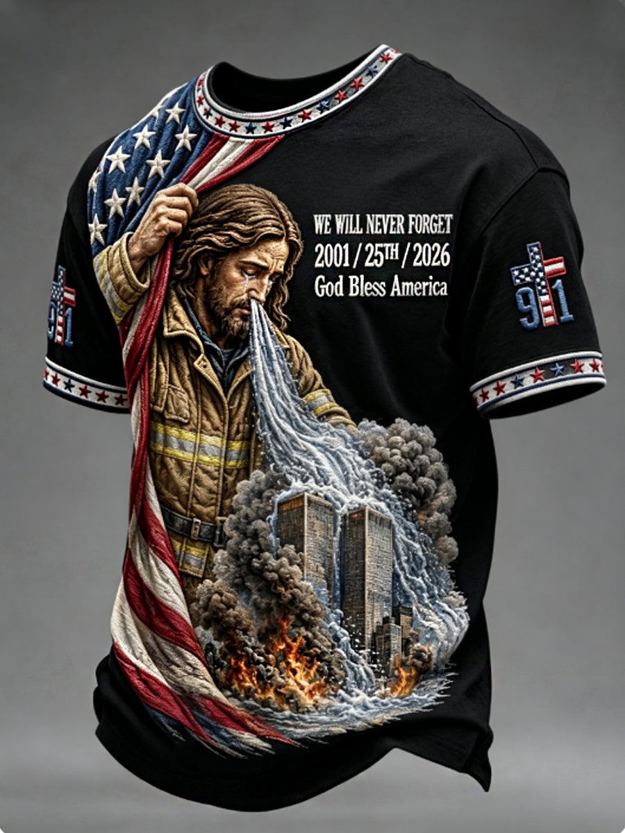 Men's WE WILL NEVER FORGET 2001/25TH/2026 God Bless America t-shirt