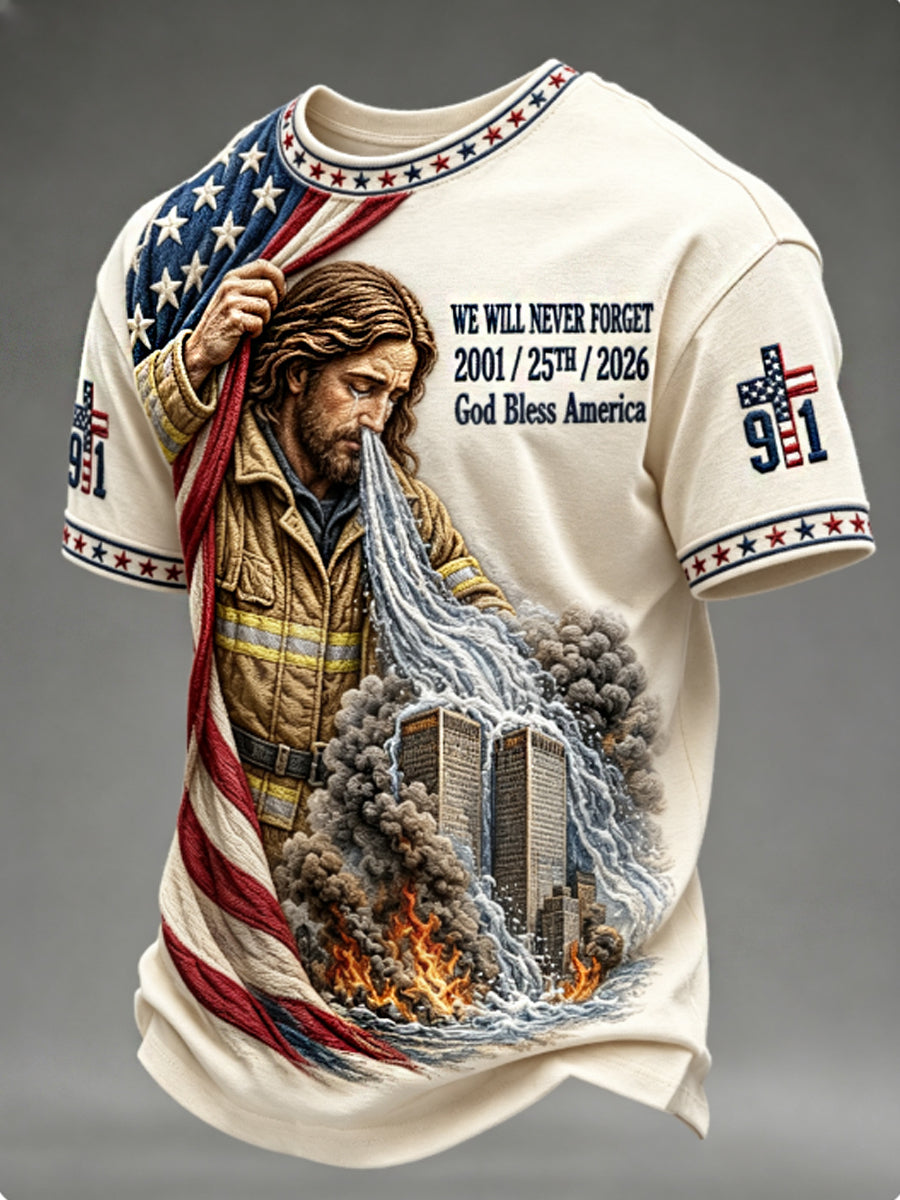 Men's WE WILL NEVER FORGET 2001/25TH/2026 God Bless America t-shirt
