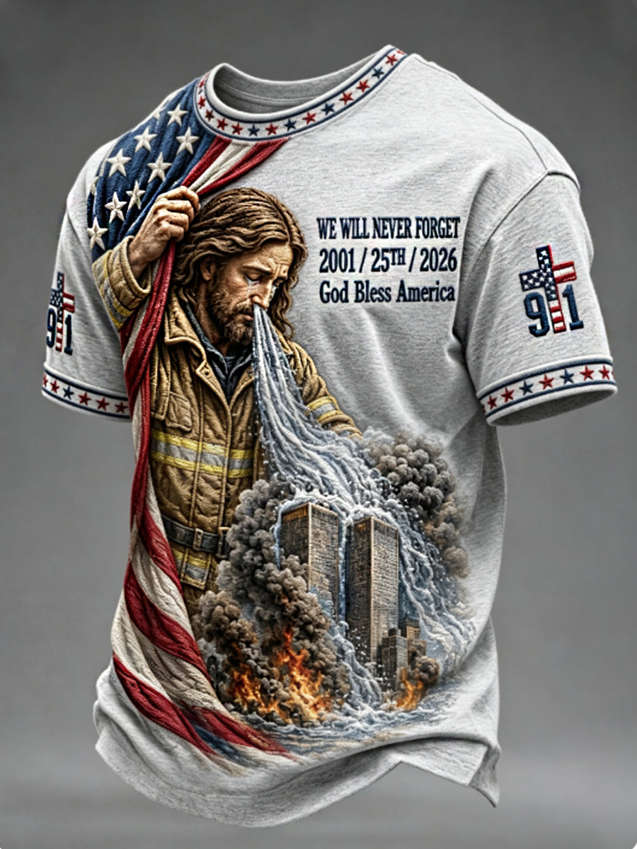 Men's WE WILL NEVER FORGET 2001/25TH/2026 God Bless America t-shirt
