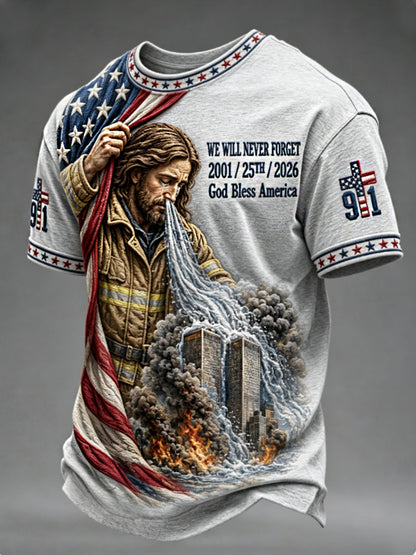 Men's WE WILL NEVER FORGET 2001/25TH/2026 God Bless America t-shirt