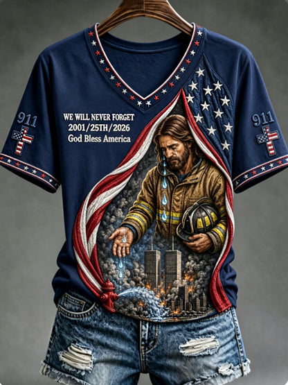 Women's WE WILL NEVER FORGET 2001/25TH/2026 God Bless America t-shirt
