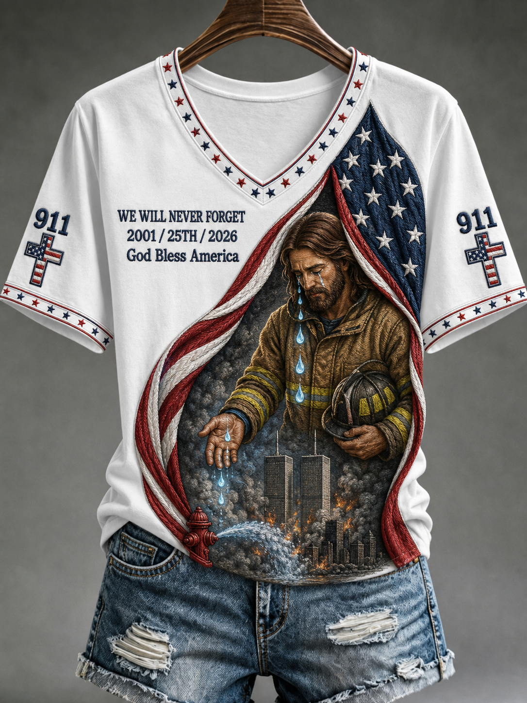 Women's WE WILL NEVER FORGET 2001/25TH/2026 God Bless America t-shirt