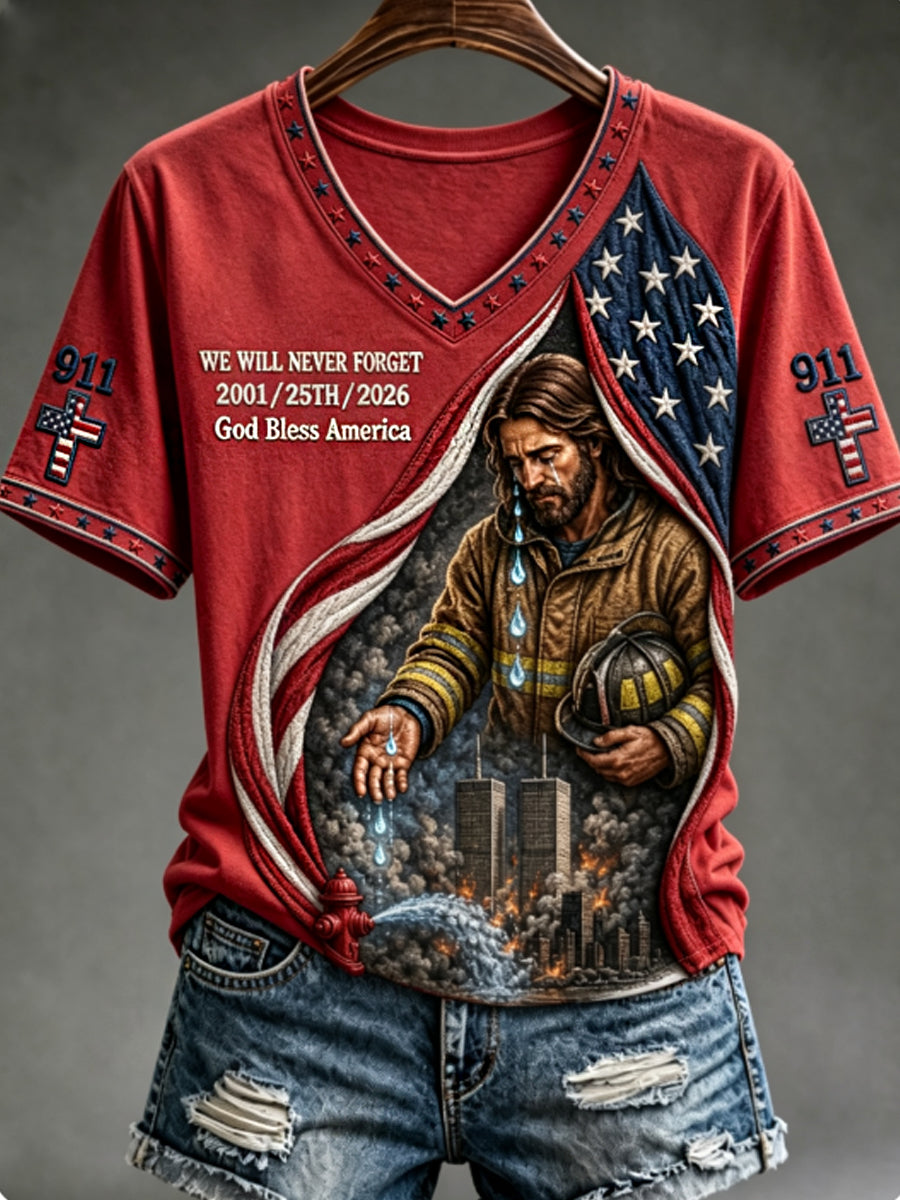 Women's WE WILL NEVER FORGET 2001/25TH/2026 God Bless America t-shirt