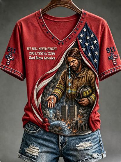 Women's WE WILL NEVER FORGET 2001/25TH/2026 God Bless America t-shirt