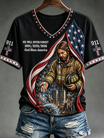 Women's WE WILL NEVER FORGET 2001/25TH/2026 God Bless America t-shirt