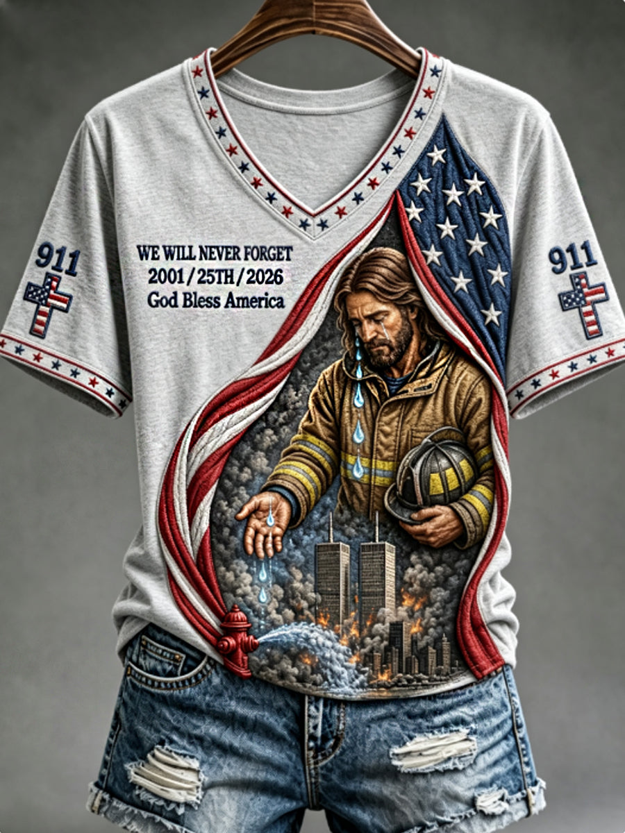 Women's WE WILL NEVER FORGET 2001/25TH/2026 God Bless America t-shirt