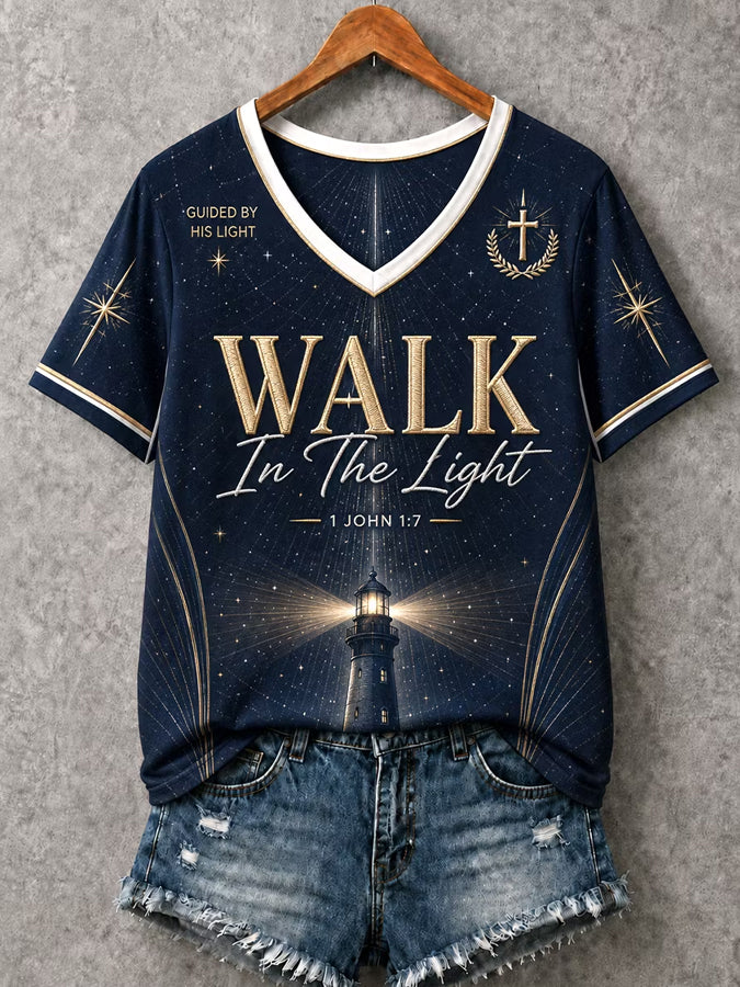 Women's Christian Walk In The Light Cross V-Neck Short Sleeve T-shirt