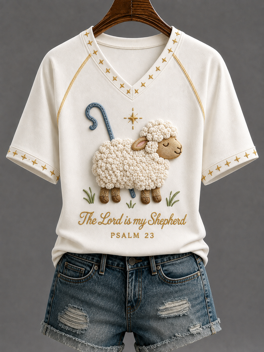 Women's The Lord Is My Shepherd V-neck Off-shoulder Short-sleeved T-shirt