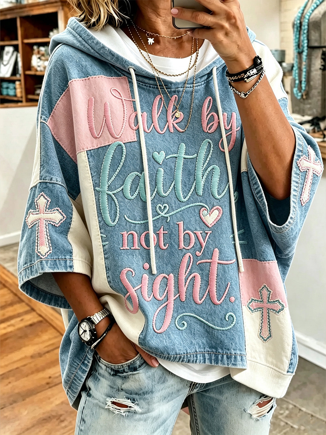 Women's faith theme slogan color-blocked design casual hoodie