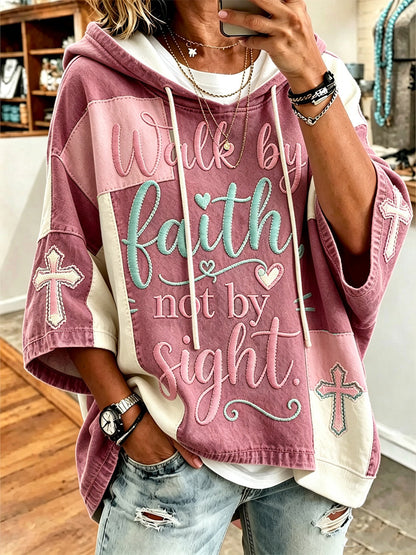 Women's faith theme slogan color-blocked design casual hoodie