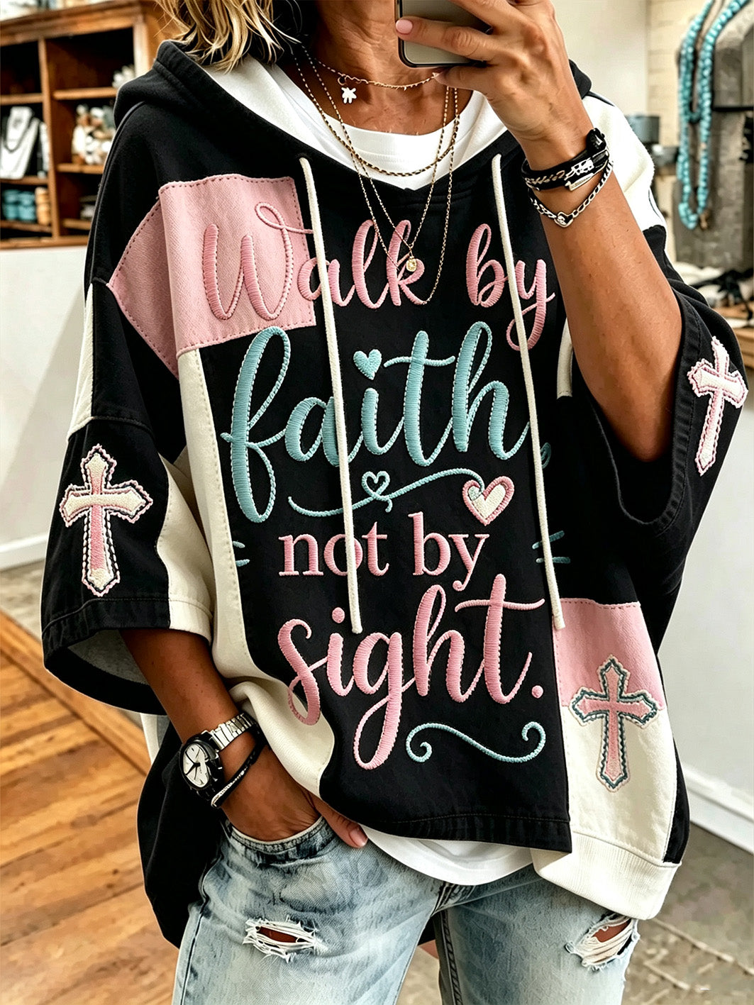 Women's faith theme slogan color-blocked design casual hoodie