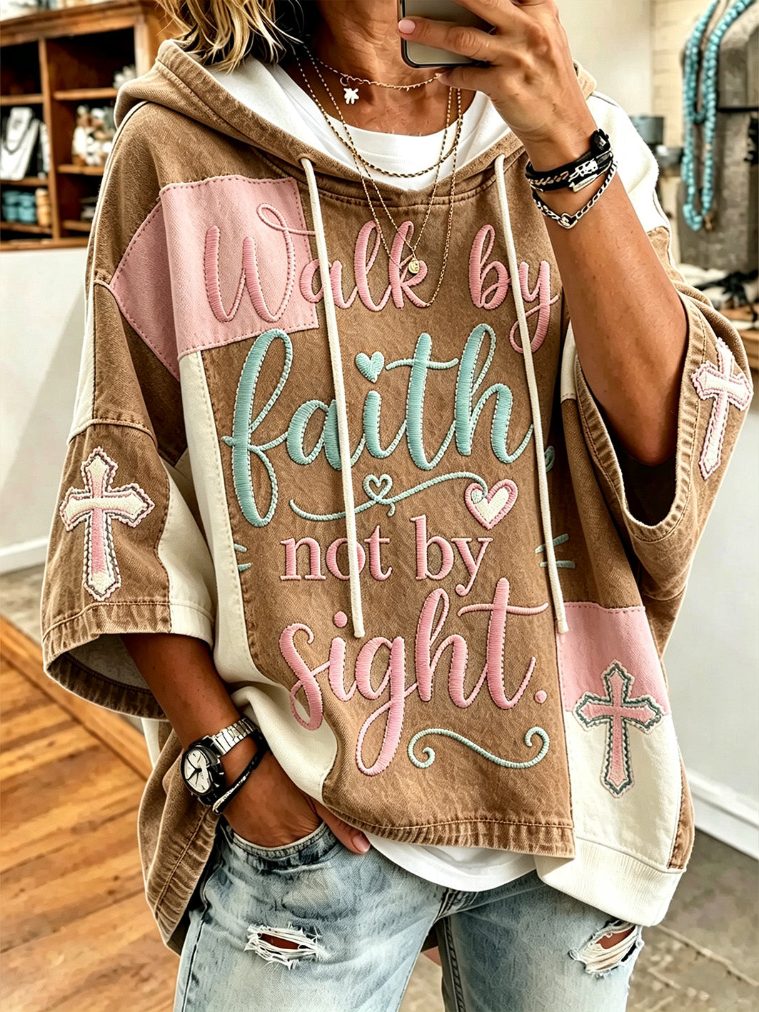 Women's faith theme slogan color-blocked design casual hoodie