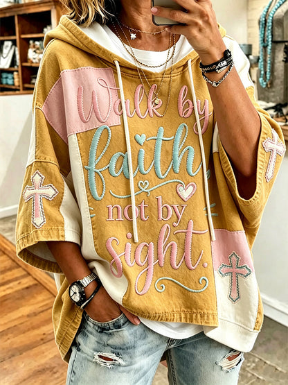 Women's faith theme slogan color-blocked design casual hoodie